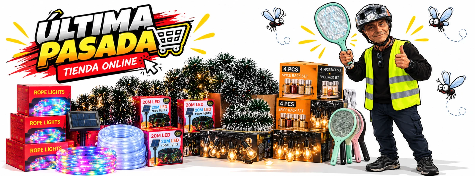 Ilustración oficial de Última Pasada: el vendedor junto a luces, guirnaldas y artículos de la tienda.